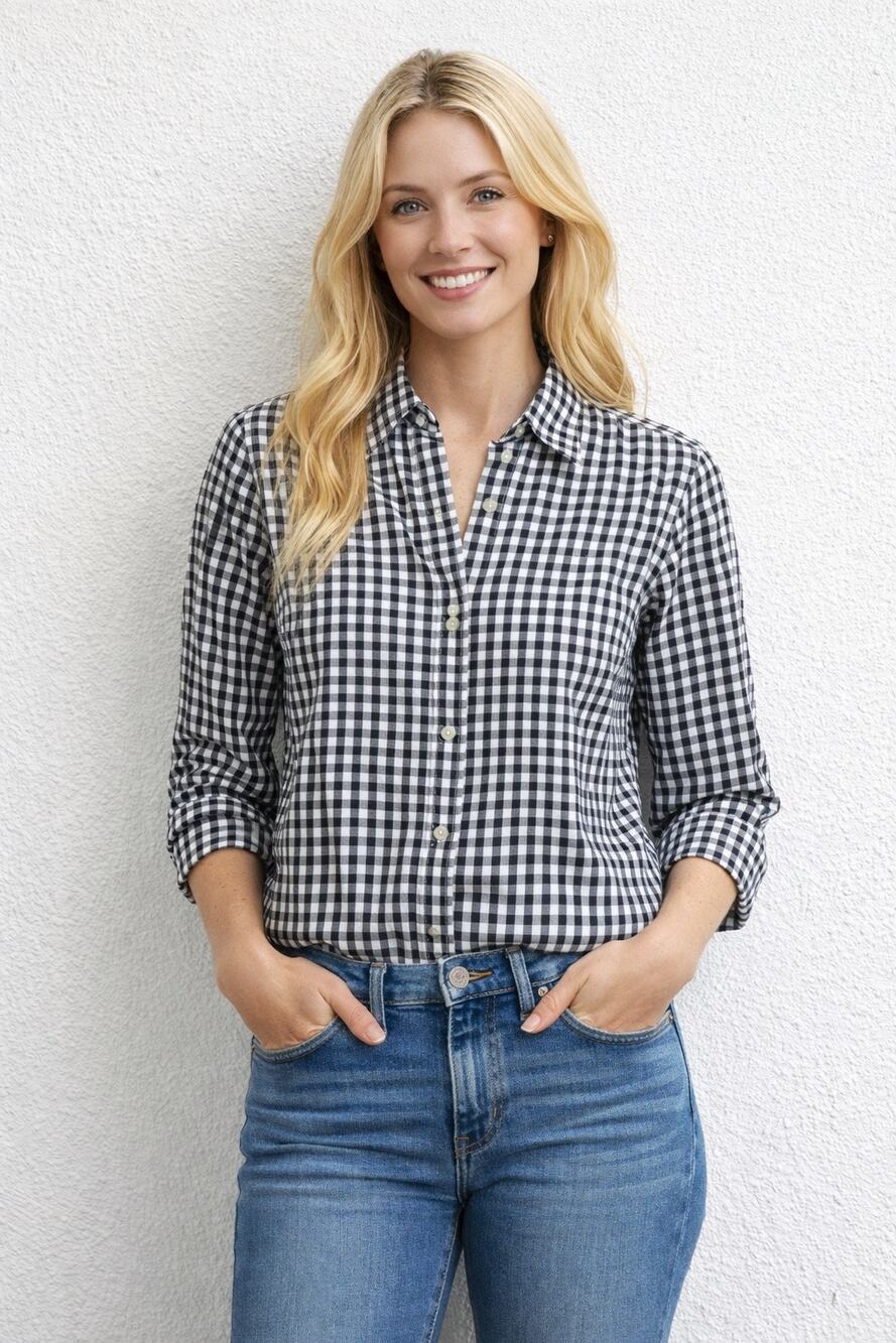 LAUREN RALPH LAUREN Black White Checkered Gingham 100% Cotton Button Up Shirt 0